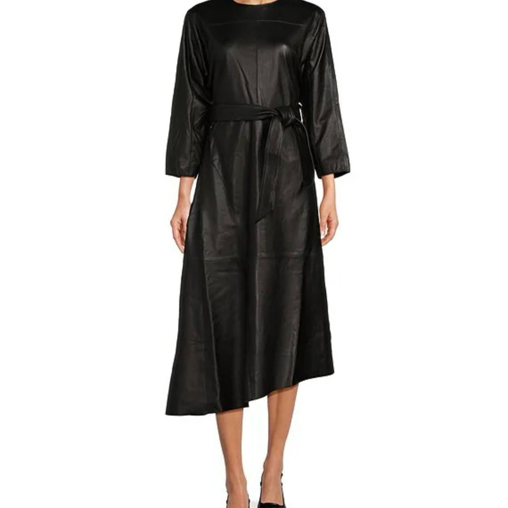 Chic Black Long Sleeve leather Dress with belt